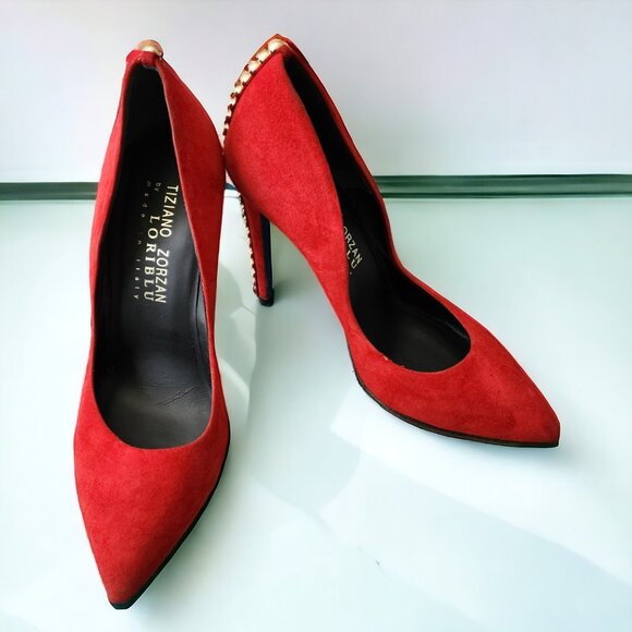 Tiziano Zorzan Loriblu Red Suede Pumps Stilleto Gold Studs Heels Shoes US 7 EU37